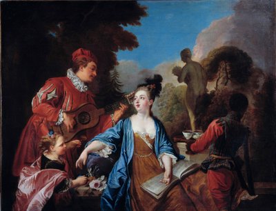 kóstolja meg a parkban A nemesi fiatalokat egy fiatal fekete szolga szolgálja fel a kertben a teával. A francia iskola festménye. 18. század. V 1,71x1,32 m Rouen, musee des Beaux Arts alkotó: French School