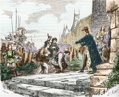 Lajos delfin (akkor XI. Lajos), II. János Alencon hercege és I. Károly Bourbon herceg bocsánatot kér VII. Károly királytól alkotó: French School
