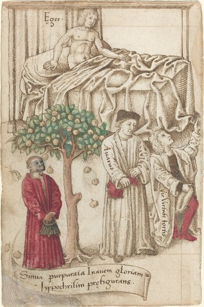 Lila majom egy beteg emberrel, egy jó emberrel és egy fösvényrel [fol. 36 verso] alkotó: French early 16th Century
