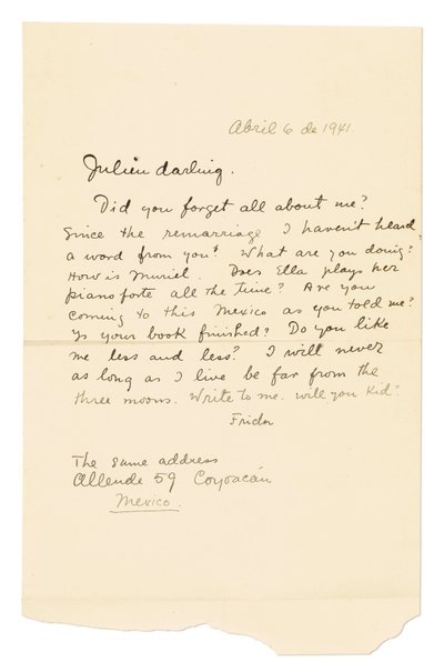 Aláírt autográf levél ("Frida") Julien [Levy] részére, Coyoacán, 1941. április 6. (toll és tinta, papír) alkotó: Frida Kahlo