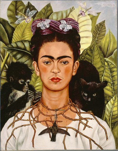 Önarckép tüskés nyaklánccal és kolibrivel alkotó: Frida Kahlo