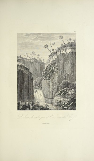 Bazaltsziklák és a Cascade de Regla, rajzolta Gmelin, metszette Bouquet, illusztráció a "Kordillerák és Amerika őslakosainak emlékművei" című művéből, Alexander von Humboldt és Aime Bonpland alkotó: Friedrich Alexander Baron von (after) Humboldt