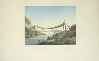Kötélhíd Penipe közelében, Marchais rajza, Bouquet metszet, illusztráció Alexander von Humboldt és Aime Bonpland „Kordillerák és Amerika őslakosainak emlékművei” című művéből alkotó: Friedrich Alexander Baron von (after) Humboldt