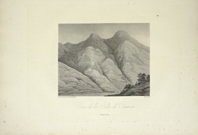 A Silla de Caracas képe, Marchais rajza, Bouquet metszet, illusztráció a „Kordillerák és az amerikai őslakosok emlékművei” című művéből, Alexander von Humboldt és Aime Bonpland alkotó: Friedrich Alexander Baron von (after) Humboldt