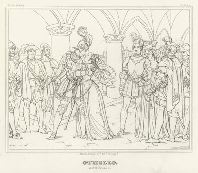Othello, II. felvonás, 1. jelenet (metszet) alkotó: Friedrich August Moritz Retzsch