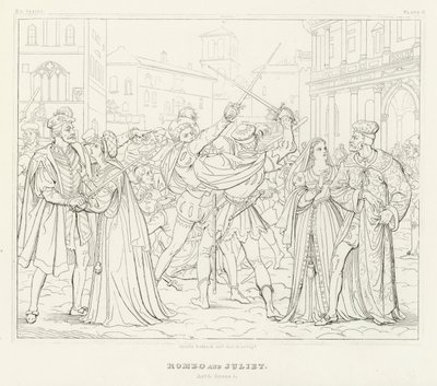 Rómeó és Júlia, I. felvonás, 1. jelenet (metszet) alkotó: Friedrich August Moritz Retzsch