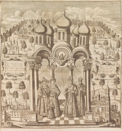 III. Feodor, I. Péter, V. Iván és I. Adrian pátriárka a Das veraenderte Russlandból..., 1721. alkotó: Friedrich Christian Weber