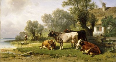 Szarvasmarha a folyó menti tanyaudvarban halászszal azon túl, 1881 alkotó: Friedrich Johann Voltz