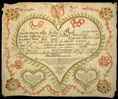Születési és keresztelési anyakönyvi kivonat, c. 1800 (ökörfesték, akvarell és gravírozás fektetett papírra) alkotó: Friedrich Krebs