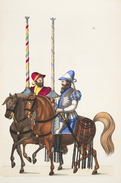Két lovas egy tornán, tábla Dr. Franz Kottenkamp "A lovagi élet fejlődésének és szokásainak története" című művéből, kiadta Carl Hoffmann, 1842. alkotó: Friedrich Martin von Reibisch