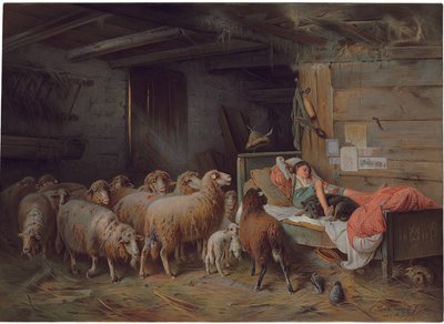 A kutyájával alvó pásztort ábrázoló emléktábla, oldalán egy felügyelet nélküli nyáj, 19. század vége – 20. század eleje alkotó: Friedrich Otto Gebler