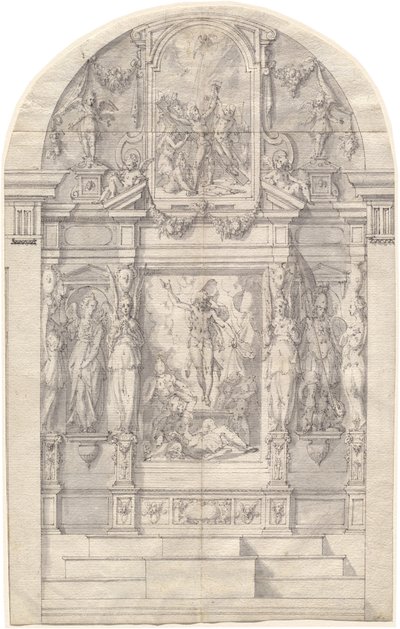Kidolgozott oltár Krisztus feltámadásával és Szent András mártíromságával alkotó: Friedrich Sustris