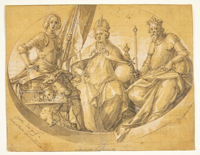 Nagy Ottó (912-973), Nagy Lajos (1417-1479) és Ruprecht (1352-1410) királyokat ábrázoló ovális mennyezetfestmény(?) tervezete alkotó: Friedrich Sustris