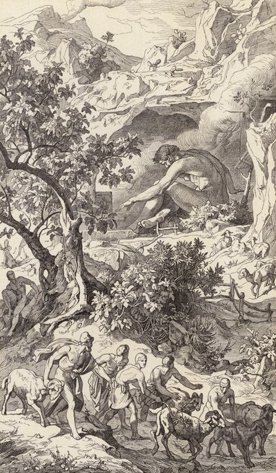 Odüsszeusz áthalad a Poliphemosz barlangján (metszet) alkotó: Friedrich the Elder Preller