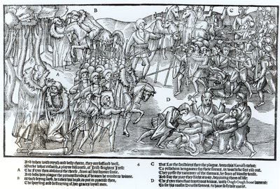 Az ír törzsfőnök megkapja a pap áldását, mielőtt elindul, hogy megküzdjön az angolokkal, akik teljes páncélban láthatók, 4. tábla John Derricke „Írország képe” című művéből, 1581. alkotó: Friedrich van Hulsen