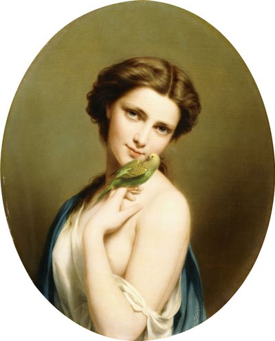 Egy fiatal szépség papagájjal, alkotó: Fritz Zuber-Buhler