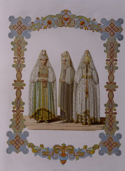 Torzhoki lányok jelmezei Az orosz állam ruházata sorozatból, 1851 alkotó: Fyodor Grigoryevich Solntsev