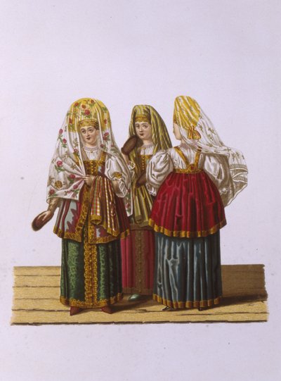 Tveri nők és lányok jelmezei Az orosz állam ruházata sorozatból, 1851 alkotó: Fyodor Grigoryevich Solntsev