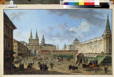Moszkva, kilátás a feltámadás kapujára a Vörös téren. Fjodor Jakovlevics Alekszejev (1753-1824) festménye. Akvarell és gouache papíron, 58,2 x 91,2 cm, 1801 körül. Orosz művészet, klasszicizmus. Múzeum alkotó: Fyodor Yakovlevich Alexeev