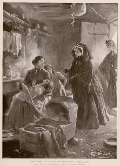Viktória királynő és a szegények: a királynő egy nyaralóházba látogat (fotónyomat) alkotó: G.S. (after) Amato