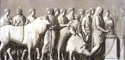 Bika, kos és vaddisznó domborműve fogadalmi oltárhoz vezetett Jules Ferrario „Le Costume Ancien et Moderne” című művéből, Fumagalli metszetével, az 1820-as és 30-as évek körül megjelent (színes litó) alkotó: G. (after) Bramati