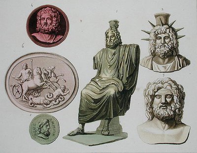 Zeusz, Jupiter vagy Jove ábrázolásai, Jules Ferrario „Le Costume Ancien et Moderne” című művének 51. táblája, metszett D.K. Bonnatti, 1820-30-as évek körül (színes litó) alkotó: G. (after) Bramati