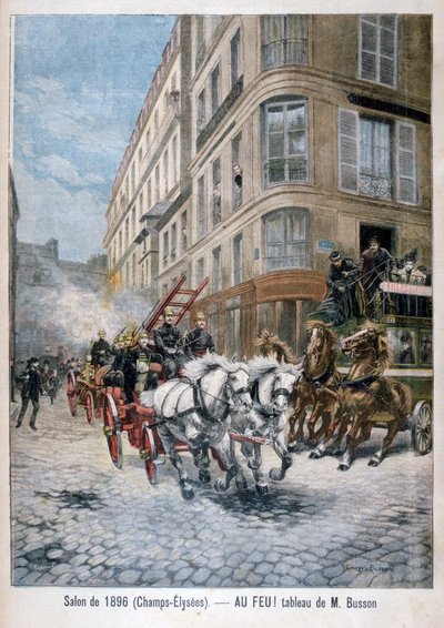 Tűzoltóautó a tűz felé vezető úton, Párizs, 1896 alkotó: G. Busson