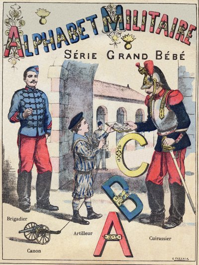 A Grand-Bebe sorozat "Katonai ábécéje" borítója. Metszés. Pont-a-Mousson képalkotás. Louis Vagne, Nyomda-kiadó, 1900 körül. Illusztrációk: G. Dascher. 20 oldal. Mérete: 31,5x24,5 cm alkotó: G. Dascher