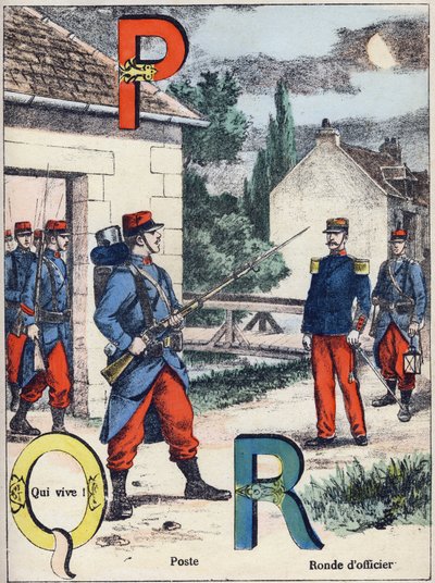 P betűk Q és R: Post, Qui vive! és Tiszti kör. Gravírozás az "Alphabet militaire" Grand-Bebe sorozatban. Metszés. Pont-a-Mousson képalkotás. Louis Vagne, Nyomda-kiadó, 1900 körül. Illusztrációk: G. Dascher. 20 oldal. Mérete: 31,5x24,5 cm alkotó: G. Dascher