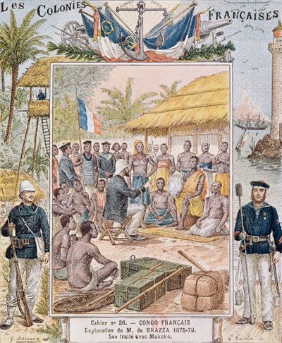 M. de Brazza (1875-79) felfedezése Makokoval kötött szerződése, illusztráció a Les Colonies Francaises-ből alkotó: G. Dascher