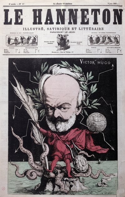 Victor Hugo (1802-85) karikatúrája, mint Zeusz a guernseyi száműzetésben a Le Hanneton címlapjáról, 1867. június alkotó: G. Deloyoti