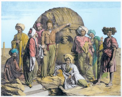 Bernardino Drovetti régész kolosszális fejet mér az egyiptomi sivatagban, 1819 alkotó: G Engelmann