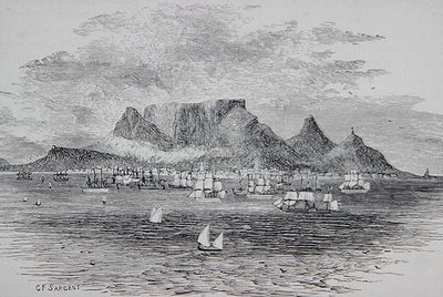 Fokváros a dél-afrikai Table Bay-ből nézve, Thomas Milner tiszteletes „The Gallery of Geography” című művéből, 1880 körül megjelent (metszet) alkotó: G. F. (after) Sargent