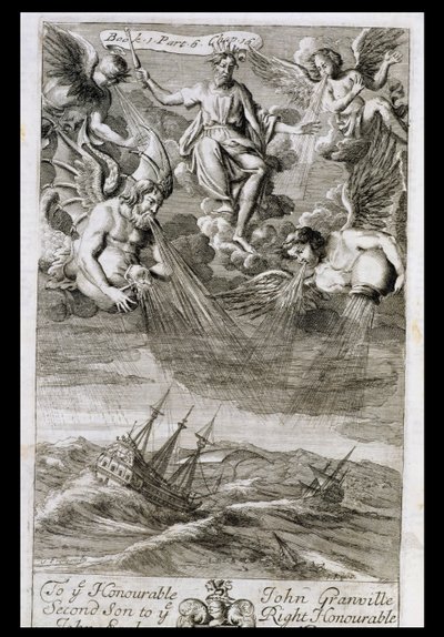 Jupiter vihart sodor az óceánra, illusztráció Anthony Le Grand „A filozófia alapelvei” 1. könyv 6. részének 16. fejezetéből, vésette Johannes Kip (16523-1722), 1694 alkotó: G Freman