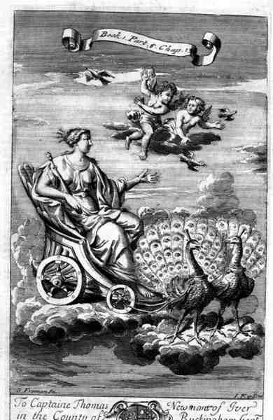 Vénusz egy pávák által vontatott szekéren, illusztráció Anthony Le Grand "A filozófia alapelvei" című könyvének 1. rész 6. fejezetének 13. fejezetéből, Johannes Kip (1652/3-1722) metszete. alkotó: G Freman
