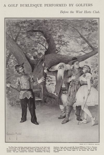 Golfburleszk golfozók előadásában a West Herts Club éves vacsoráján (litho) alkotó: G. Grenville Manton