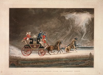 A postakocsi viharban a Newmarket Heath-en, Suffolkban, 1827. alkotó: G Reeves