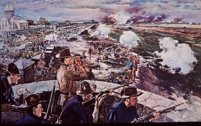 Spanyol-amerikai háború 1898, amerikai tüzérség hadműveletben a Fülöp-szigeteken (akvarell papíron) alkotó: G. W. Peters