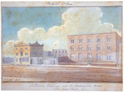 St Saviour munkaháza és a Rockingham Arms Inn, New Kent Road, Southwark, London, 1825 alkotó: G Yates