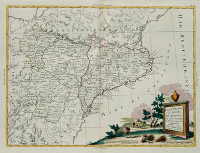 Katalónia, az Aragóniai Királyság és az Alta-Navarra, G. Zuliani metszete a Legújabb Atlasz I. tomejából vett, 1775-ben Velencében, Antonio Zatta magángyűjteményében alkotó: G. Zuliani