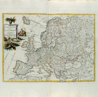 Európa fő államaira oszlik, G. Zuliani metszete az Antonio Zatta 1776-ban Velencében kiadott Legújabb Atlasz I. toméjából vett metszet, magángyűjtemény alkotó: G. Zuliani