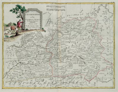 Extremadura és Castilla la Nueva, G. Zuliani metszete a Legújabb Atlasz I. toméjából vett, 1776-ban Velencében, Antonio Zatta, Magángyűjtemény alkotó: G. Zuliani