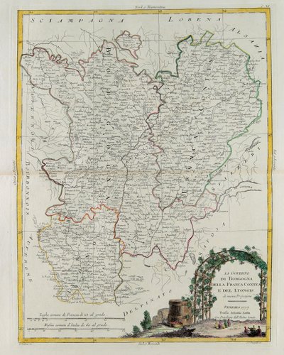 Bourgogne, Franca Contea és Lyons kormányzásai, G. Zuliani metsze a Legújabb Atlasz I. toméjából vett, 1777-ben Velencében Antonio Zatta, Magángyűjtemény alkotó: G. Zuliani
