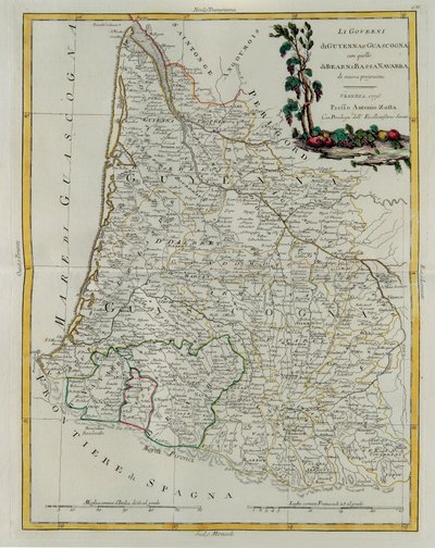 Guyenne és Gascogne kormányzása Bearn és Alsó-Navarra kormányzásával, G. Zuliani metszete az Antonio Zatta által 1776-ban Velencében kiadott Legújabb atlasz I. tomejából vett, magángyűjtemény alkotó: G. Zuliani