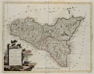Szicília völgyeire tagolt szigete, G. Zuliani metszete a velencei 1782-ben Velencében kiadott Legújabb Atlasz II. Toméjából, Antonio Zatta magángyűjteményéből alkotó: G. Zuliani