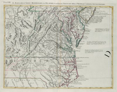 Maryland, New Jersey déli része, Delaware és Virginia és Észak-Karolina keleti része, G. Zuliani metszet I. Tome-tól vett „Legújabb atlasz”-ból, amelyet 1778-ban Velencében adott ki Antonio Zatta, Magángyűjtemény alkotó: G. Zuliani