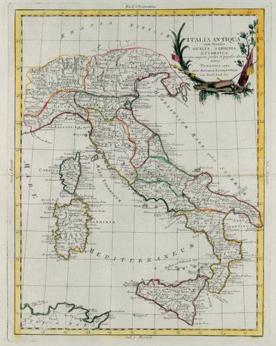 Olaszország politikai térképe, G. Zuliani metszete a „Novissimo Atlas” IV. kötetéből, amelyet 1785-ben Velencében adott ki Antonio Zatta, Magángyűjtemény alkotó: G. Zuliani