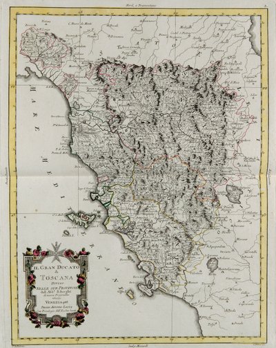 A Toszkána Nagyhercegség tartományaira oszlik, G. Zuliani metszete az Antonio Zatta által 1783-ban Velencében kiadott „Legújabb atlasz” II. alkotó: G. Zuliani