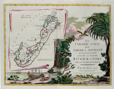 A Bermuda-szigetek és az Észak-Amerika Egyesült Gyarmatainak szentelt rész homlokzata, G. Zuliani metszete az 1778-ban Velencében kiadott „Legújabb atlasz” I. Tome-jából, Antonio Zatta magángyűjteményében alkotó: G. Zuliani