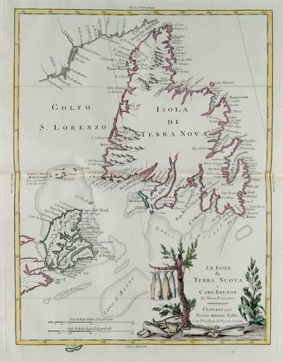 Új-Fundland és Breton-fok szigetei, G. Zuliani metszetét az Antonio Zatta által 1778-ban Velencében kiadott „Legújabb atlasz” I. Tome-jából vettük át, magángyűjtemény alkotó: G. Zuliani